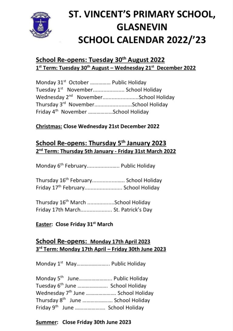 School Calendar – St Vincents Primary School